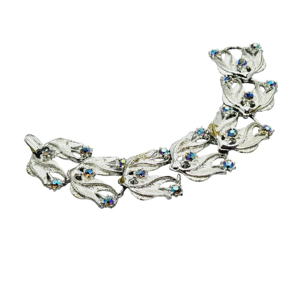 Vintage Wide Silvertone Ab Rhinestone Bracelet (A1068)